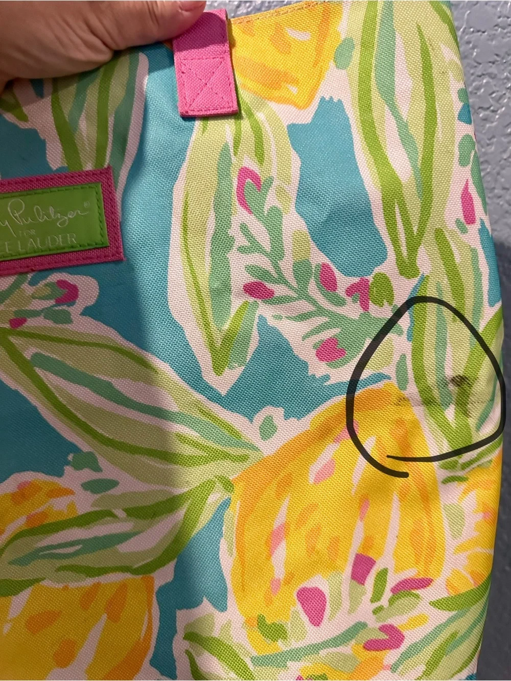 Lilly Pulitzer Turquoise Lemon Print Canvas Tote with Pink Straps